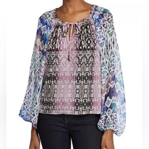 RAMY BROOK Blouse Kayden Printed Silk Self Tie Blouson Sleeves